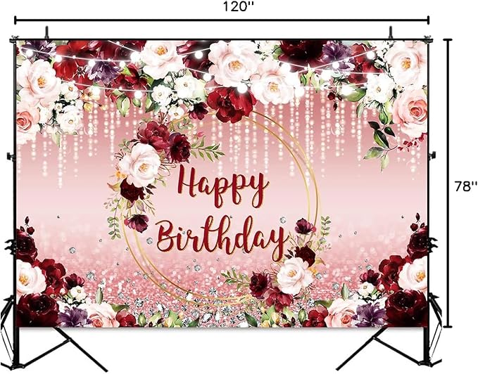 Sensfun Floral Happy Birthday Backdrop Burgundy Flowers Rose Gold Glitter Bokeh Spots Photo Background Vinyl Women Birthday Party Cake Table Decorations Photoshoot Banner (10x6.5ft)