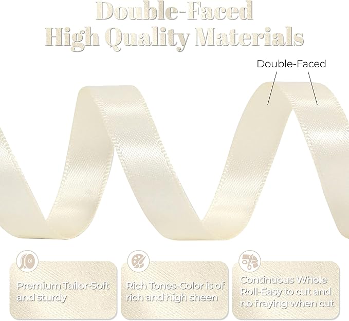 Cream Satin Ribbon, Double Faced 1/2 Inch X 50 Yards Cream Ribbon, Premium Satin Ribbon for Gift Wrapping, Crafts, Hair Bow Making, Sewing, Flower Bouquet, Wedding Party Decor