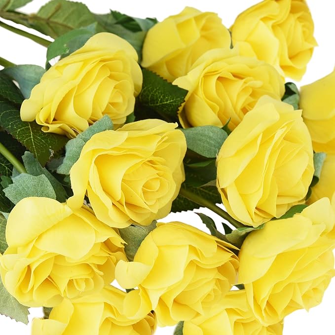 FiveSeasonStuff Fake Roses Wedding Flowers Real Touch Silk Yellow Artificial Flowers 12 Stems