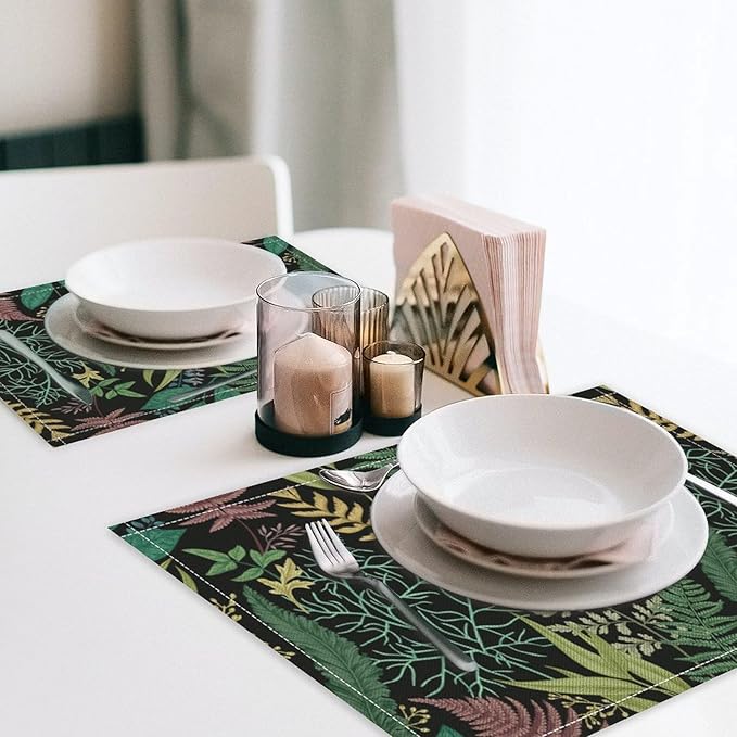 Leaf Placemats Set of 8, 17x12 Inch Vintage Natural Botanical Herbal Green Leaves Table Mats for Home Party Kitchen Dining Decor