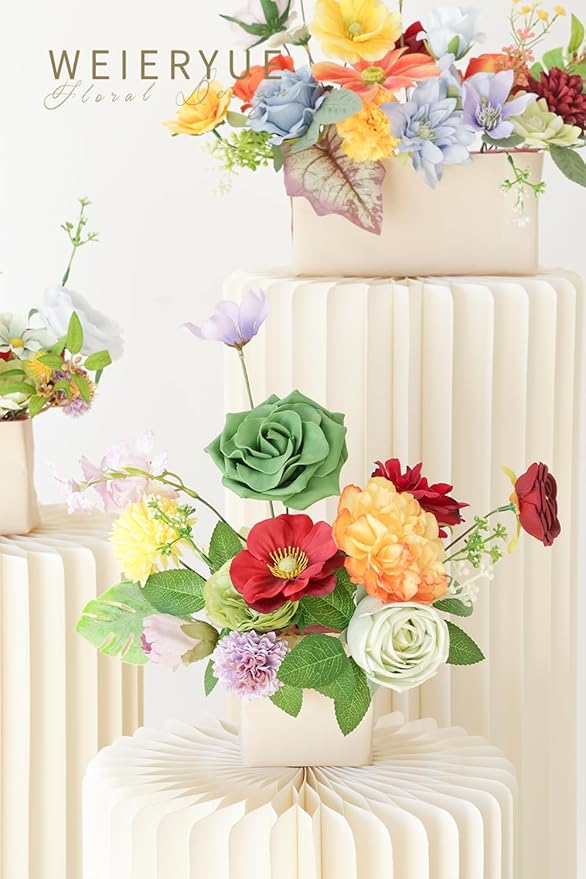 Artificial Flower Box Set Silk Fake Flowers DIY Center Cake Decoration Wedding Bouquet Corsage Home Decor Outdoor Decor Gift (Big Rainbow Flower)