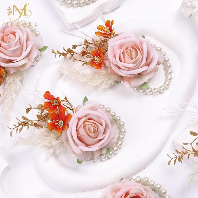 Meldel Pink Velvet Rose Wrist Corsage, Set of 6, Wedding Bridal Flower Corsage Hand Decor for Prom Party Homecoming, Wristband Flowers Bride, Bridesmaid, Girl,Mother of The Bride Corsage