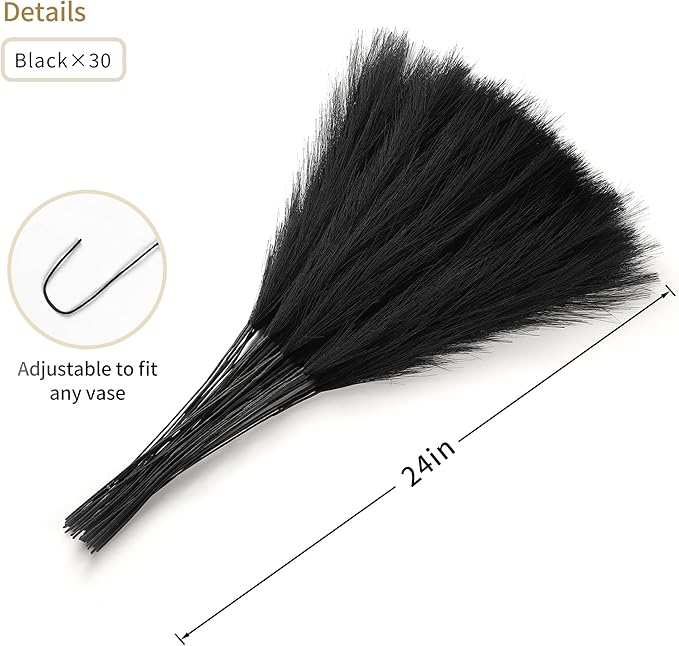 30pcs Black Pampas Grass - 24 Inch Faux Pampas Grass Decor, Short Artificial Pampas Grass for Gothic Room Decoration, Wedding, Party, Halloween and Home Decor(Black)