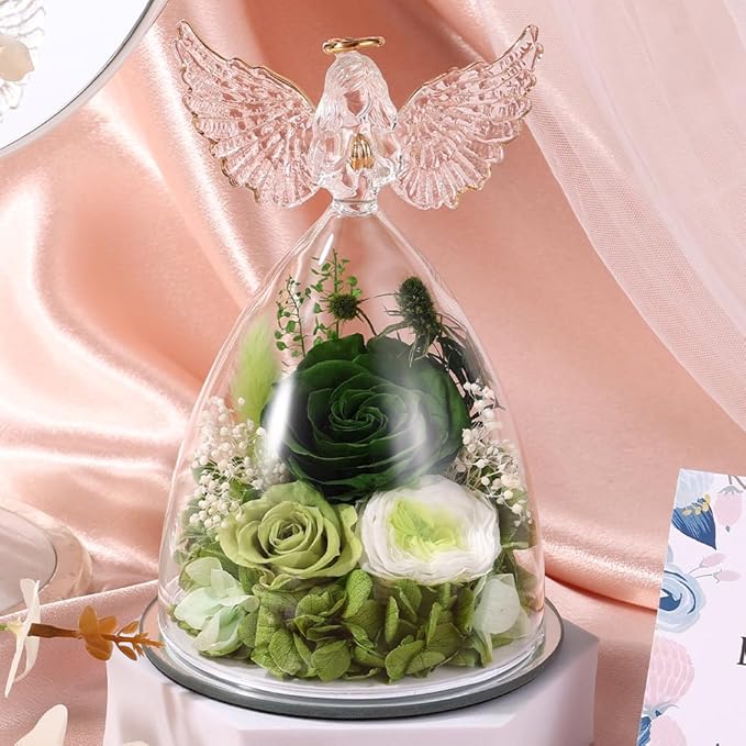 FIACO Gifts for Women Mom Preserved Rose Forever Flower in Glass Angel Figurine Fresh Flowers for Delivery Prime Birthday Gifts for Grandma Wife Sister Christmas Anniversary Eternal Roses