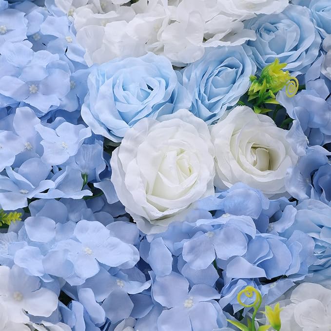 4pcs 3D Artificial Flower Wall Panels - Blue White Backdrop 24 x 16 Inch - Realistic Fake Flower Background Decor for Wedding, Birthday Party and Baby Shower