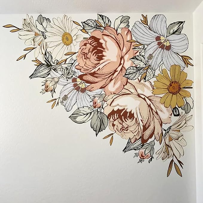 Vintage Peony Flower Wall Sticker,Large Retro Floral Wall Decal with Roses,Daisies and Wildflowers for Bedroom,Living Room,Nursery or Entryway,iinuu Romantic Cottagecore Decor