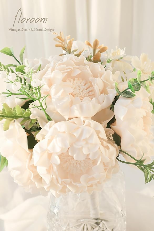 Floroom Artificial Flowers 16pcs 4" Blooming Peonies Real Looking Foam Fake Peony with Stems for DIY Wedding Bouquets Bridal Shower Centerpieces Floral Arrangements Party Tables Decorations - Cream