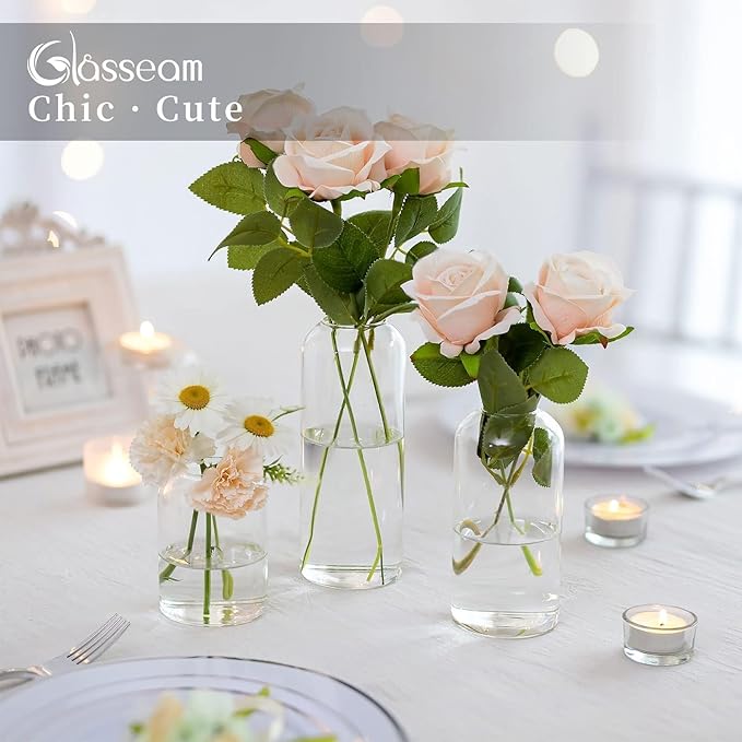 Glasseam Small Bud Vases for Flowers, Handmade Glass Vases for Centerpieces, Unique Flower Vase Set of 3, Cute Blown Clear Vases for Decor, Minimalist Centerpiece Table Wedding Decorations