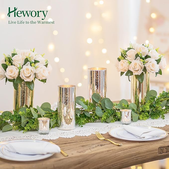 Glass Cylinder Vases Set of 24, Hewory Glittery Silver Vase for Centerpieces, Glass Hurricane Candle Holders for Pillar Floating Candle, Tall Round Vase for Wedding Anniversary Events Home Table Decor