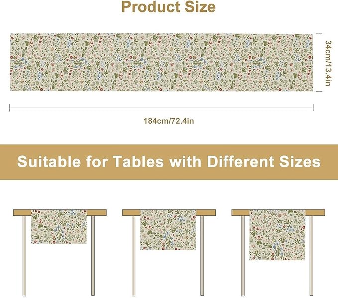 Vintage Floral Table Runner, Country Botanical Flower Farmhouse Home Decor Table Runner for Kitchen Dining Picnic Decoration, 13x70 Inch