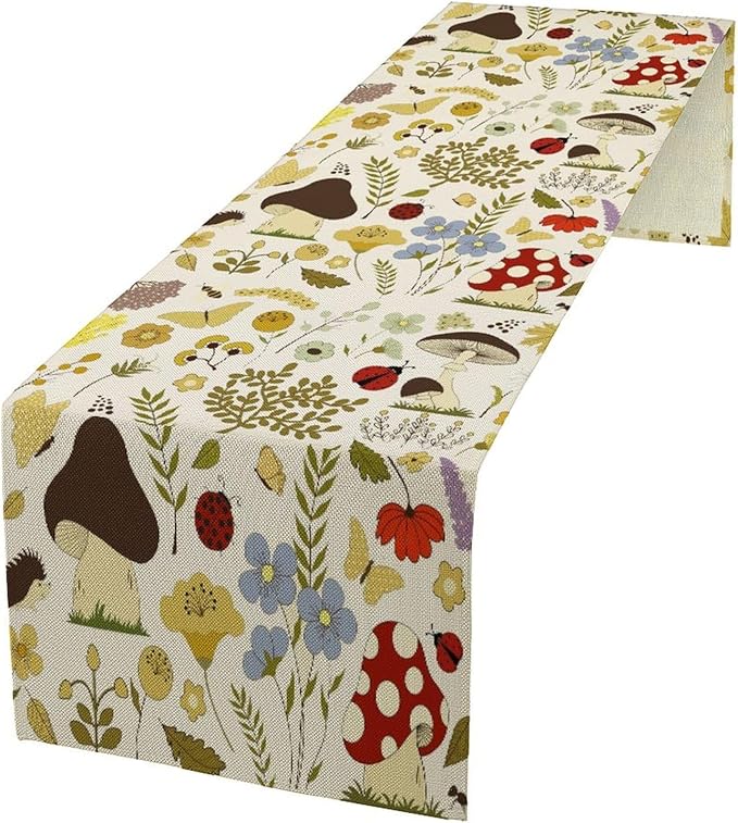 Mushroom Wildflower Table Runner Colorful Cartoon Style Cute Plants Dinner Runner for Farmhouse Cabin Home Kitchen Dining Holiday Party Decor 13x108in