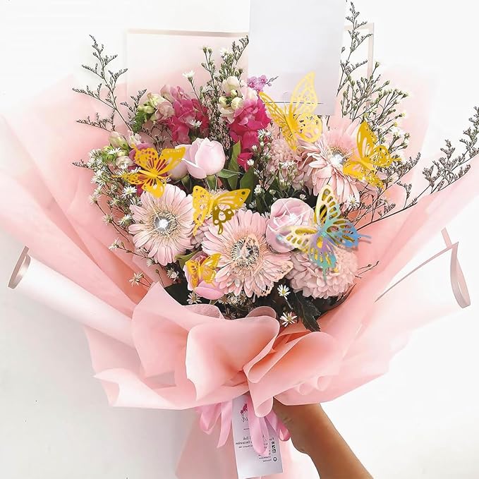 BAO-HUA-A2 Floral Bouquet Wrapping Kit, 60 Sheets Waterproof Paper, Black Pink Beige With Ribbons, Flower Pins, 3D Butterflies & Crowns for Florist Wrap