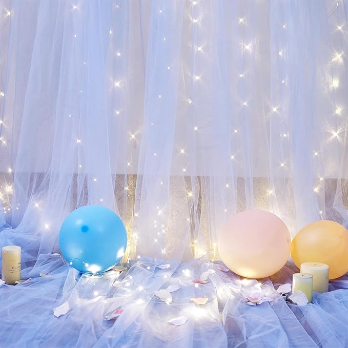 10ft x 8ft Baby Blue Tulle Photo Backdrop Curtain with Lights String for Parties Wedding Sheer Blue Curtain Backdrop for Birthday Party Baby Shower Boy Photo Booth Photography Background Decorations