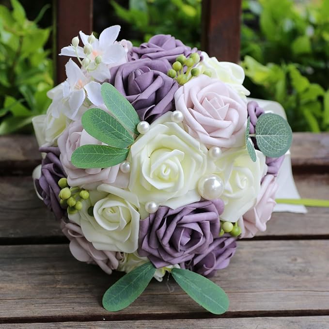 Lightweight Bridal Wedding Bouquet Round Holding Bouquet Throw Toss Artificial Rose Flower Bunch for Bride Bridesmaid Wedding Quinceanera (Cream, Deep Taro & Light Taro, 6.7")