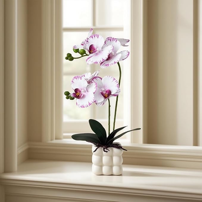 Artificial Orchids in Vase, White Purple Edged, 14 in Height, Home Decor Orchid Artificial Flowers