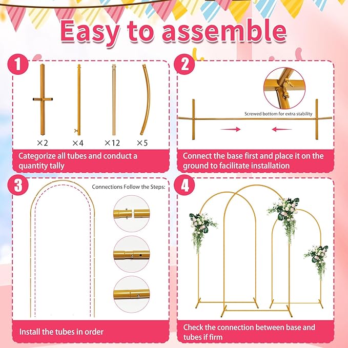 4 FT Arch Backdrop Stand, Metal Background Balloon Arch Stand, Baby Shower Backdrop Arch, Gold Arches for Party Decoration
