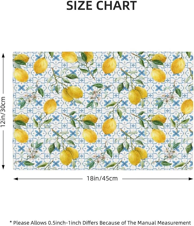 Lemon Linen Placemats Set of 6 Summer Fruit Print Heat Resistant Table Mats for Home Party Indoor Holiday Kitchen Dining Room Decor 12 x 18 Inch