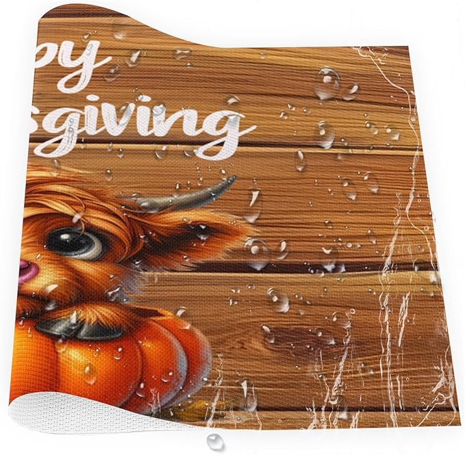 Thanksgiving Pumpkin Highland Cow Placemats Set of 4 PVC Vinyl Non Slip Table Mats Heat Resistant Place Mats Washable Wipeable Dining Table Mat for Kitchen Decor Party Indoor Outdoor Decorative Gift