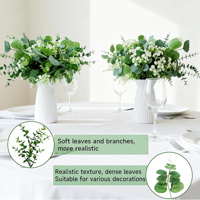 150 Packs 5 Kinds Artificial Greenery Stems Mixed Artificial Eucalyptus Wedding Bouquet Bulk Fake Eucalyptus Stems Greenery Leaves for Vase Wedding Home Table Decor DIY Bouquets (Green)