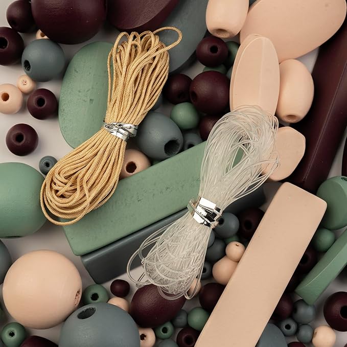 John Bead 90g Craft Beads Grey/Dark Purple/Natural/Green Wood Beads with Elastic Nylon Cord