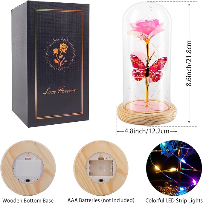 Beferr Christmas Rose Gifts for Women Mom Birthday Gifts, Galaxy Glass Rose Forever Preserved Flowers for Delivery Prime Light Up Rose in Glass Dome with Butterfly Xmas Gifts for Grandma Her Wife