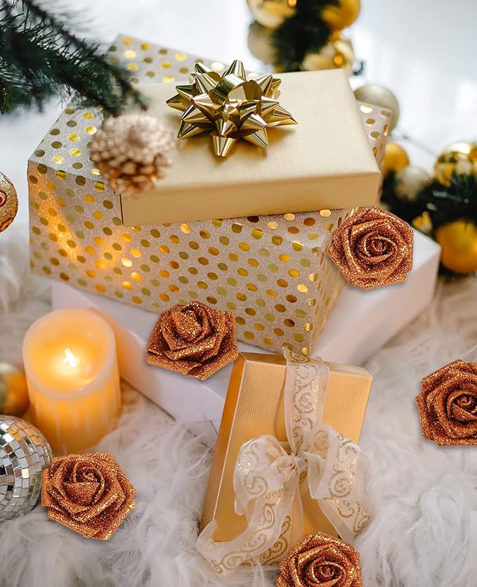 IPOPU Orange Foam Flowers, 25pcs Foam Glitter Roses Glitter Flowers Foam Rose with Stem for DIY Wedding Bridal Bouquet Home Party Decoration(Orange)