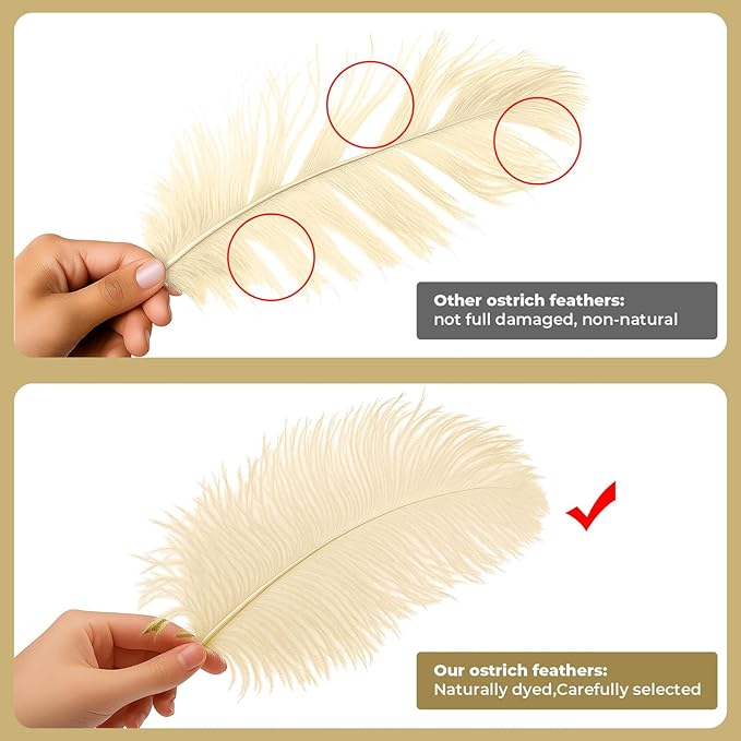 Piokio 20 pcs Champange Ostrich Feathers Plumes 8-10 inch(20-25 cm) Bulk for DIY Clothes, Feather Pens, Dream Catcher, Gatsby Decorations