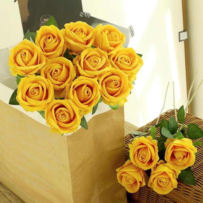 12Pcs Yellow Roses Artificial Flowers Fake Roses Faux Velvet Silk Flower for Home Wedding Decoration (Pearl Rose, Yellow)