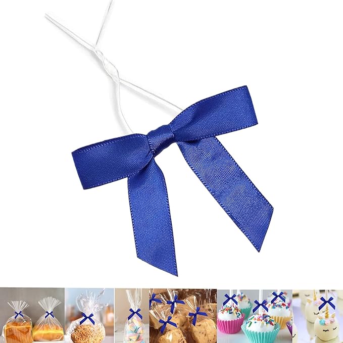 50 PCS 3 Inch Twist Bows for Treat Bags, Satin Twist Tie Bows, Pre Tied Bows with Wire, Ribbon Bows with Twist Ties for Gift Bags, Popcorn Bags, Cookie Bags, Party Favors(Royal Blue)