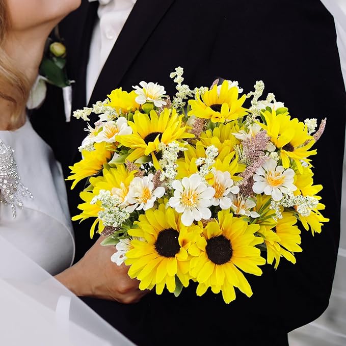5 Bunches Artificial Sunflowers Bouquets, Fake Silk Sunflower with Faux Daisy Wildflowers Plants for Home Decor Indoor Floral Arrangements Table Centerpiece Bridal Wedding Decor (Yellow)