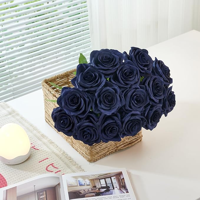 50pcs Navy Blue Roses Artificial Flowers Bulk Fake Roses Silk Flower with Stems Realistic Flowers for Wedding Centerpiece Party Birthday Decor