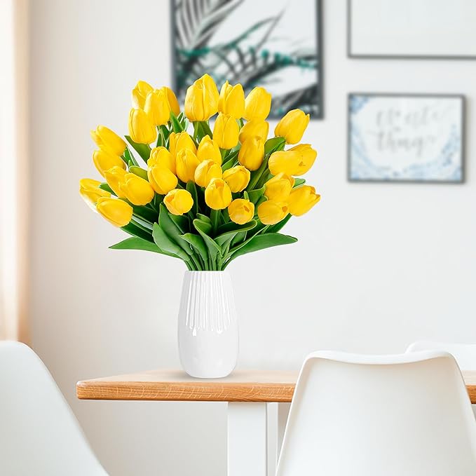 Sggvecsy 15 Pcs Fake Tulips Artificial Flowers Real Touch PU Faux Flowers Tulip Stems for Wedding Spring Bouquet Floral Arrangement Home Party Office Decorations for Mother's Day (Dark Yellow)