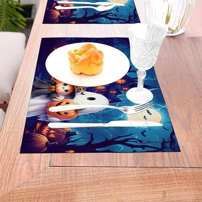 PVC Placemats Set of 6 Wipeable Table Mats Washable Heat Resistant Non Slip Vinyl Dining Table Mat for Kitchen Indoor Outdoor Patio Farmhouse Place Mats Halloween Castle Pumpkin Ghosts Decorative