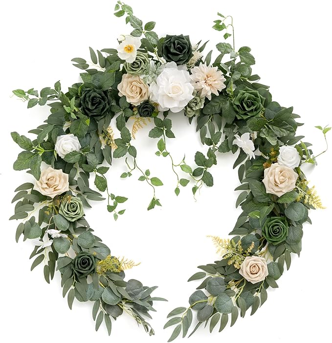 Ling's moment Summer Green Flower Garland - 6FT Eucalyptus & Rose - Sweetheart Table Decor for Wedding Reception, Artificial Floral Garland for Mantle, Christmas Decoration, Emerald & Tawny Beige