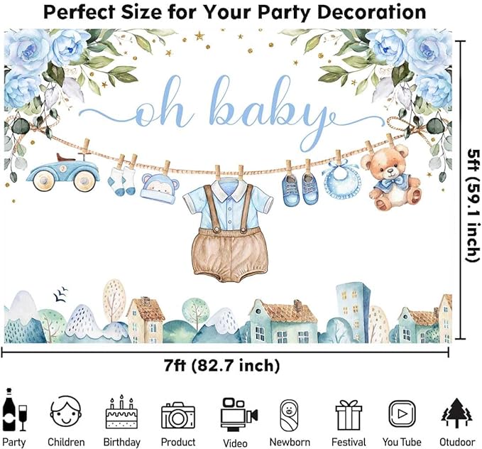 Sensfun Cute Clothes Baby Shower Backdrop for Boys Oh Baby Newborn Blue Floral Eucalyptus Leaves Adventure Baby Shower Party Decorations Banner Supplies Photo Booth Studio Props 7x5ft