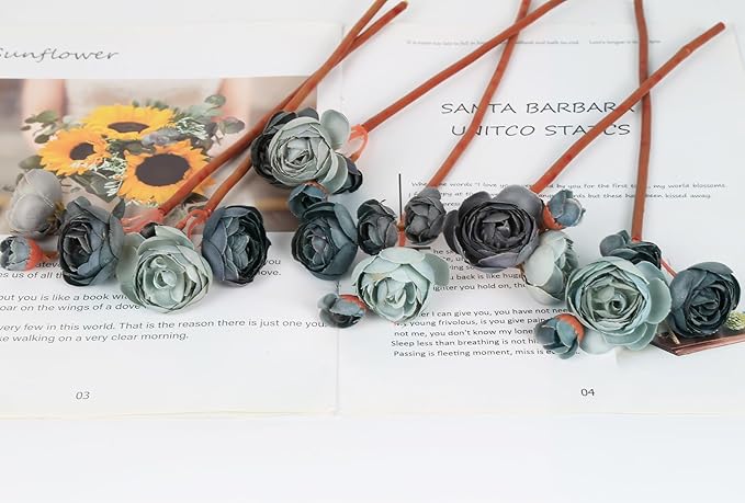 IPOPU Dusty Blue Ranunculus Artificial Flowers 2Bouquets Realistic Silk Flowers 12PCS Mini Fake Flowers for DIY Wedding Bouquet Bridal Shower Decorations Blue Flowers Centerpieces (Dusty Blue)