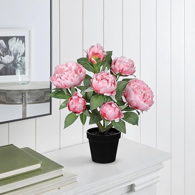 Hollyone Pink Fake Peonies Artificial Flowers in Pot 16.9" Small Peonies Tree Indoor Outdoor Faux Plants & Flowers Peony Silk Flowers Potted Plant Artificial Peony Floral Arrangement Desk Home Decor