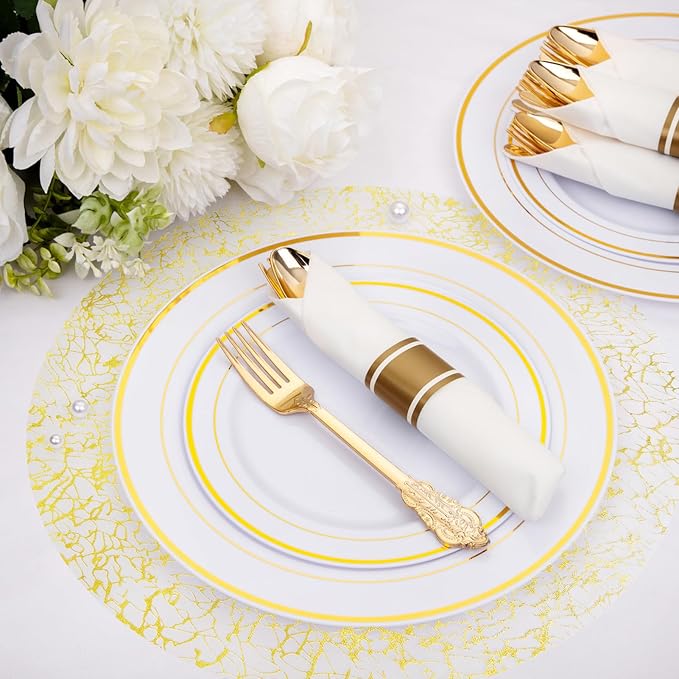 Hysenm 50 Pcs Disposable Gold Placemats Set Metallic 13 Inch Round Table Doilies, Ultra-Thin Messy Lines Disposable Placement Mats for Home Decoration Dining Table Wedding Birthday Party