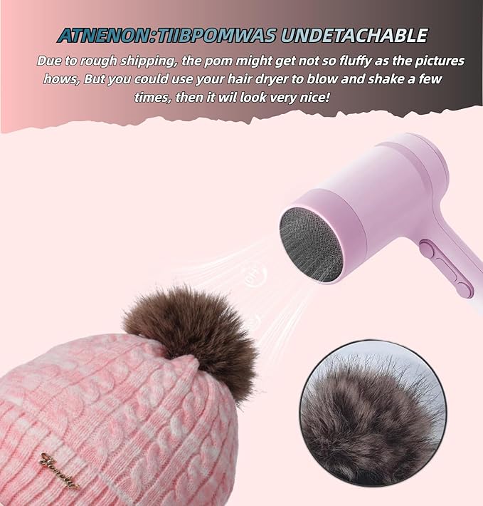 FENELY Women's Knitted Warm Beanie Winter Hat, Warm Chunky Snow Hat with Pompom