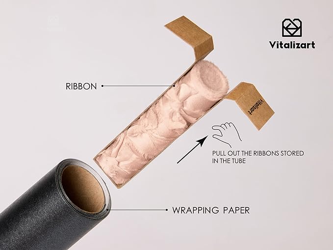 Vitalizart Black Wrapping Paper Set 17" Pearly-Lustre With Silk Like Satin Ribbon & Gift Tags Recyclable Christmas Gift Wrapping Birthday Baby Shower Wedding Handmade Crafts 197"(16.4 Ft)