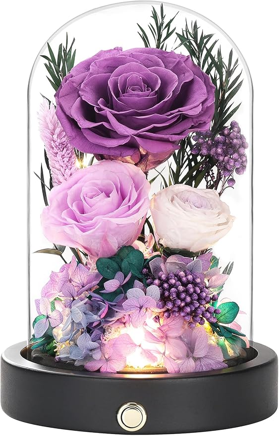 Forever Flowers for Delivery, Purple Preserved Flowers in Glass Dome,Eternal Rose That Last 1-3 Years Valentines Day Christmas Anniversary Birthday Gifts for Women Mom Wife Girlfriend Her
