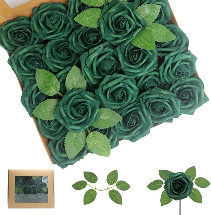 Artificial Flowers Roses Real Looking Foam Fake Roses with Leaves and for DIY Wedding Bouquets Bridal Shower Centerpieces Party Decorations (Peacock Green, 100)