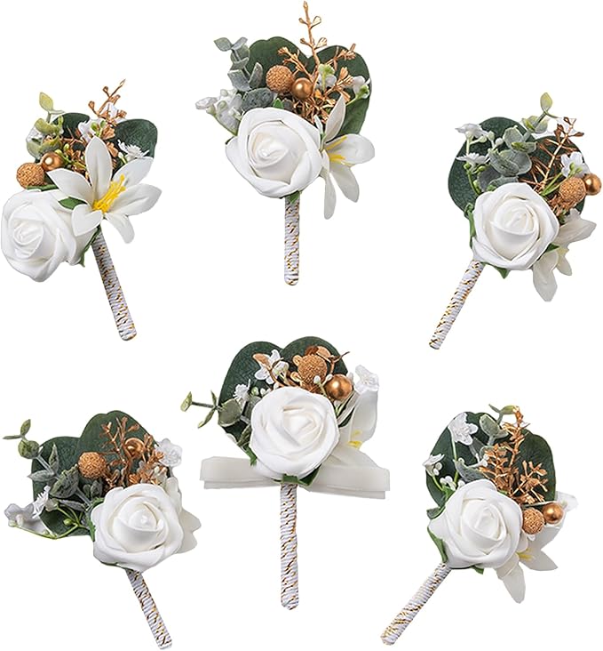 Meldel White Boutonniere for Men Wedding with Pins,Set of 6, Greenery Corsage Rose Groom Groomsmen Boutonniere for Wedding,Prom,Homecoming,Party,etc.