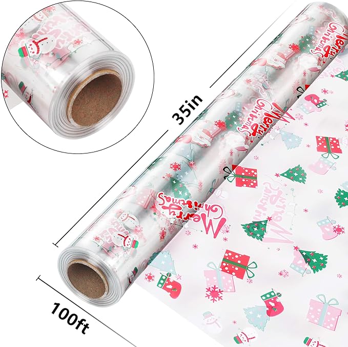 JOYIT 100 ft Christmas Cellophane Wrap Roll (35 in x 100 ft) - 3 Mil Thick Cellophane Roll, Christmas Cellophane Bags Large for Flower Gift Baskets Arts Crafts Wrapping (35" fold into 17.5")