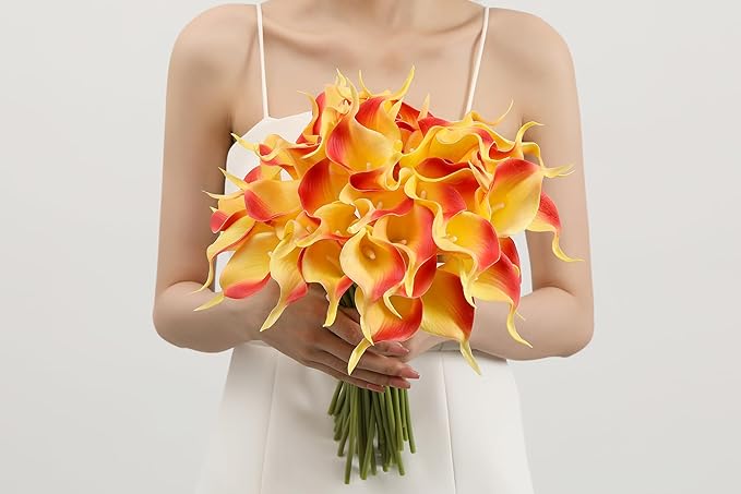 SITUMEIZI 24 PCS Orange Fake Flowers Artificial Calla Lily Silk Flowers Real Touch for Mother's Day Easter Home Kitchen Decor Wedding Bouquet Office Spring Decoration