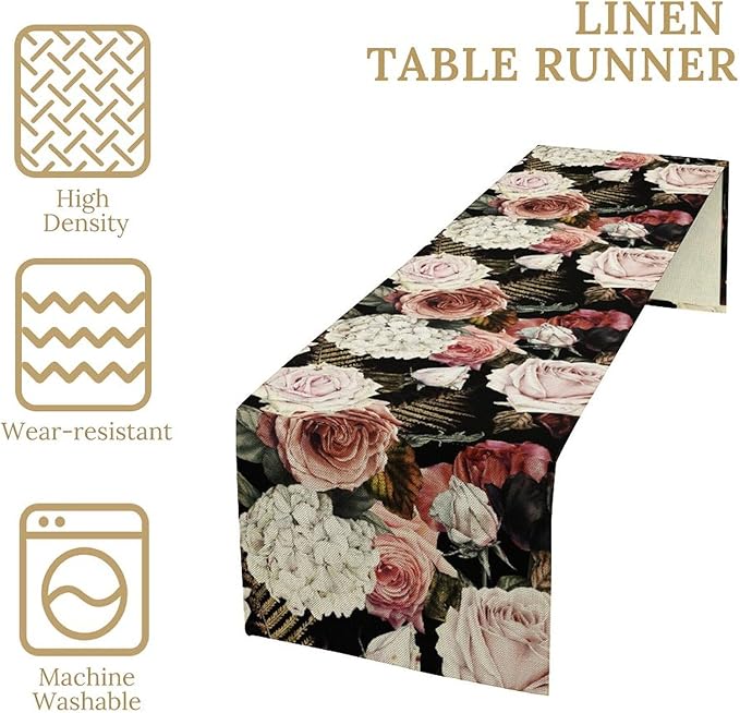 Gothic Flower Table Runner, Vintage Peony Rose Rustic Farmhouse Natural Spring Black Floral Leaves Table Runner for Home Indoor Outdoor Party Wedding Decor, 13x60inch