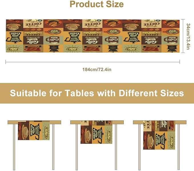 Coffee Table Runner,Vintage Style Coffee Beans Cups Theme Design Pattern Print Tablecloth Burlap for Hotel Indoors Outdoor Dining Room Kitchen Holiday Party, 13x80in