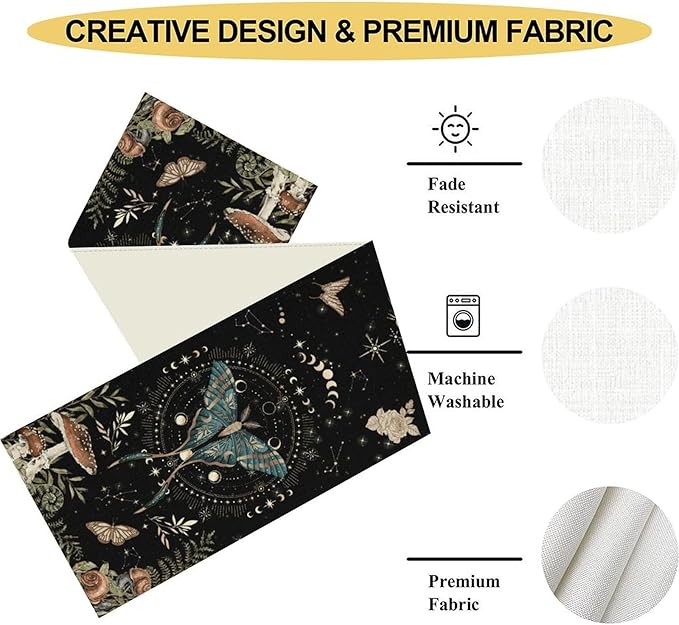 Gothic Moth Table Runner, Boho Gothic Sun Moon Phase Mystical Mushroom Floral Witchy Farmhouse Coffee Table Center Decor for Home Kitchen Dining Patio Holiday Party Table Decorations 13x90 inches
