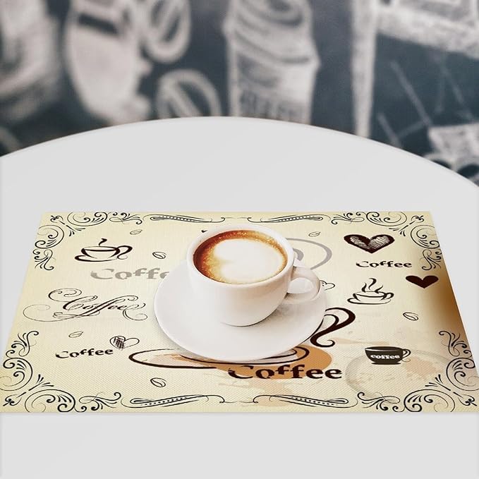 Coffee Kitchen Placemats Vintage Rustic Coffee Theme Latte Tea Cup Cappuccino Placemats Table Kitchen Dining Party 12x18 Inch Set of 4
