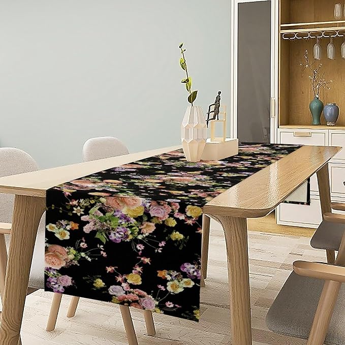 Vintage Floral Table Runner,Gothic Retro Flowers Spring Summer Seasonal Table Runner for Home Kitchen Table Dining Indoor Outdoor Party Decor 13x90 Inch